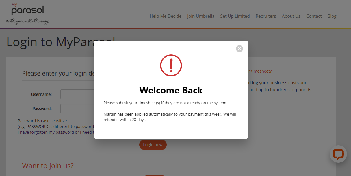 MyParasol Login Screen